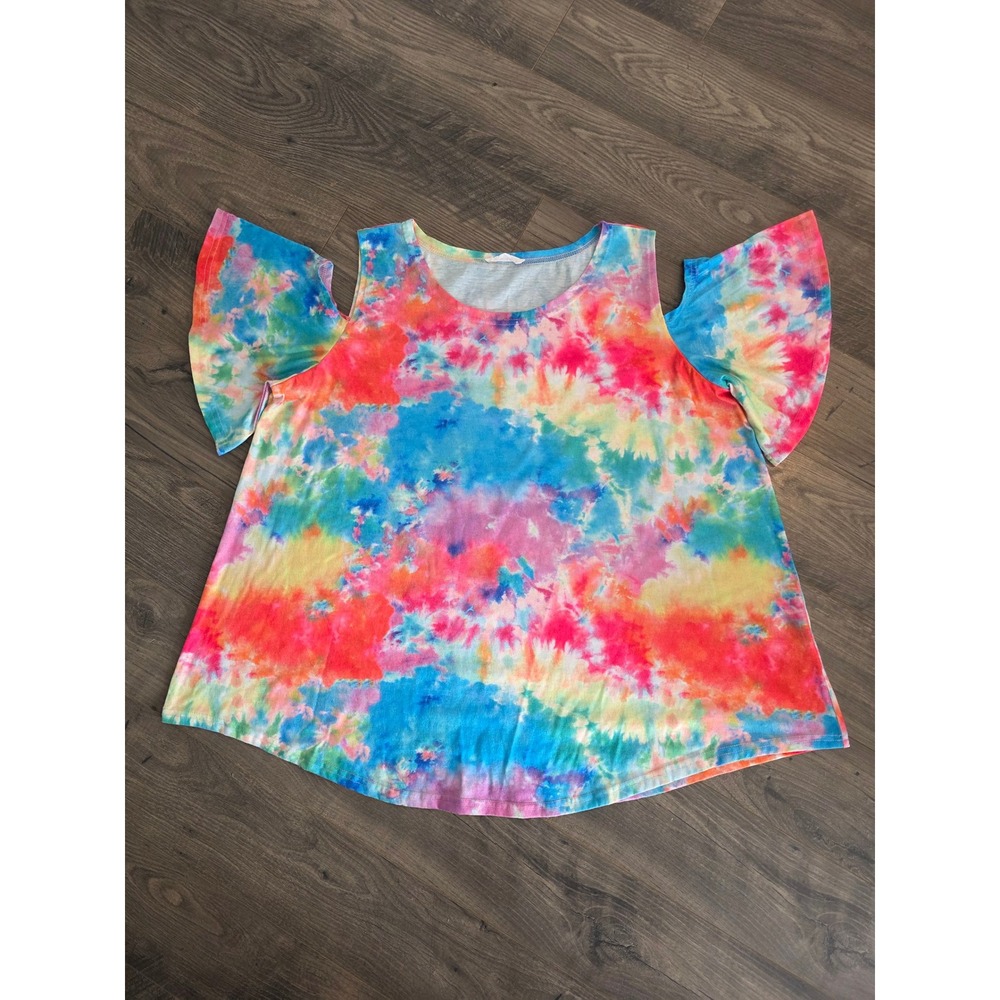 Women's 1XL ChicSoul Tie Dye Cold Shoulder‎ Flutter Sleeve Top